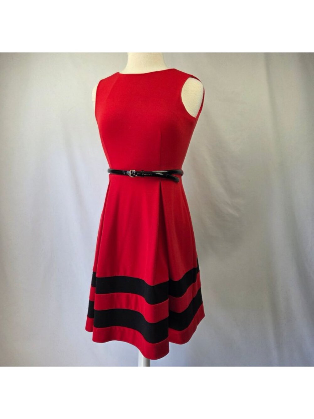 Calvin Klein Red & Black Striped Sleeveless A-Line Dress With Belt Size 4P - Picture 3 of 14